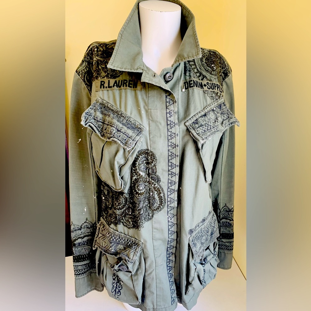 Ralph Lauren army green khaki 100% cotton cargo blazer 4 pockets lace print S